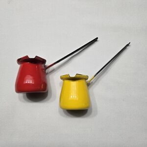 MCM Red and Yellow Metal Enamelware Poland Butter Warmer Small Pots Vintage